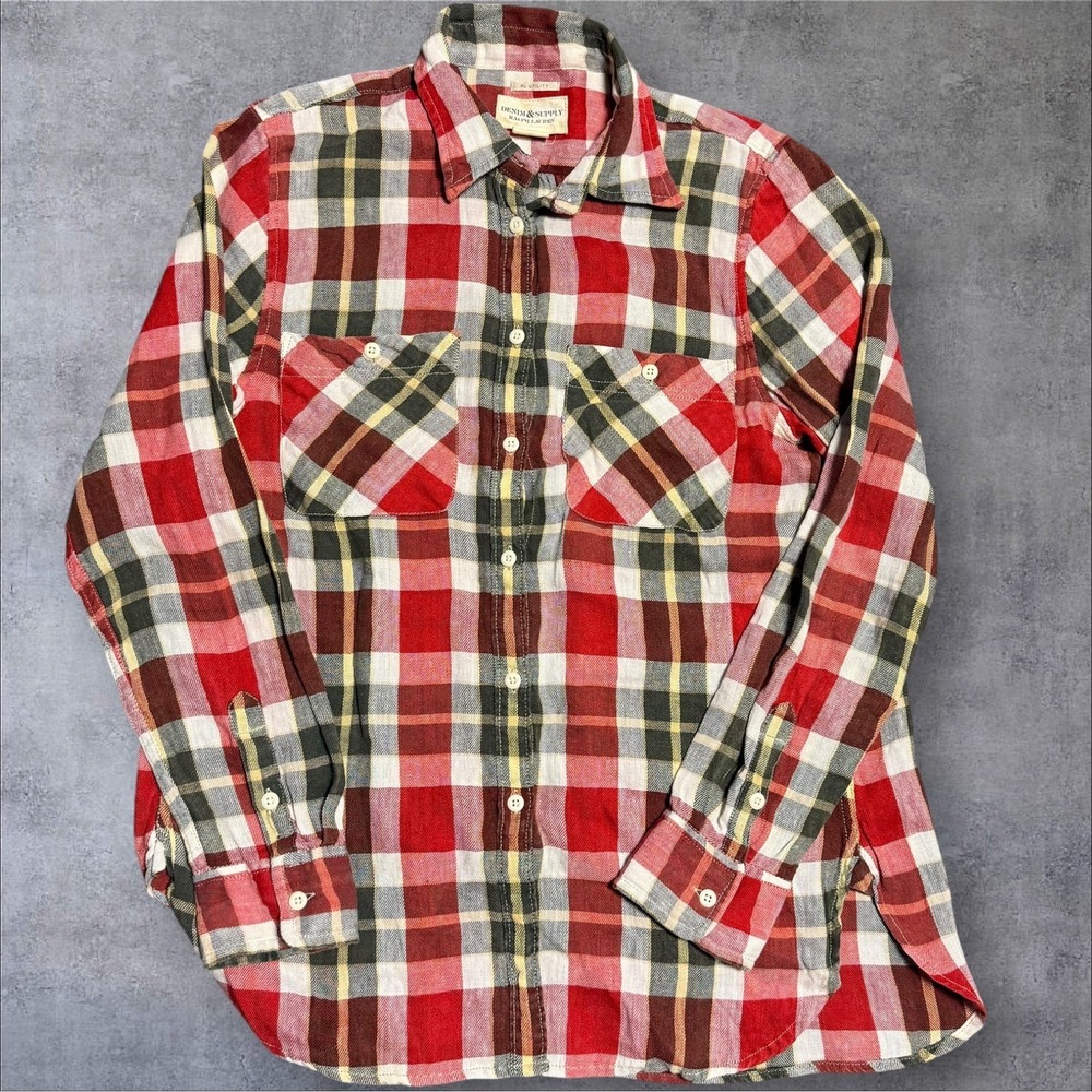 RL Denim & Supply red plaid flannel button down Ralph Lauren Large M Long sleeve